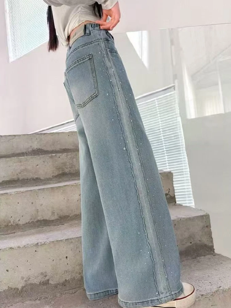 2026 Girls Rhinestone Wide Leg Jeans Autumn Winter Fleece Thickened Straight Denim Pants Kids Korean Style Long Trousers