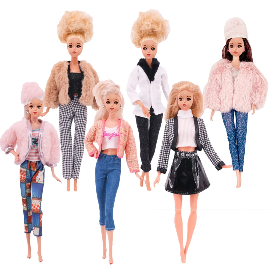 

3 комплекта/упак. модная зимняя одежда для куклы 11,5 дюймов/30 см, пальто, меховая шапка, повседневный топ и брюки, платье, одежда, аксессуары для кукол, игрушки