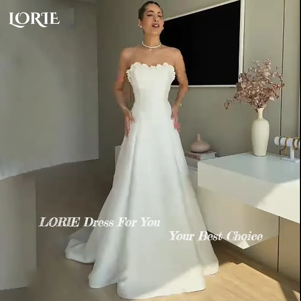 LORIE-vestido de novia de flores en 3D, vestido de novia de satén sin tirantes, personalizado, corte en A, largo hasta el suelo, vestido de novia con botones, vestido saudí de Dubái