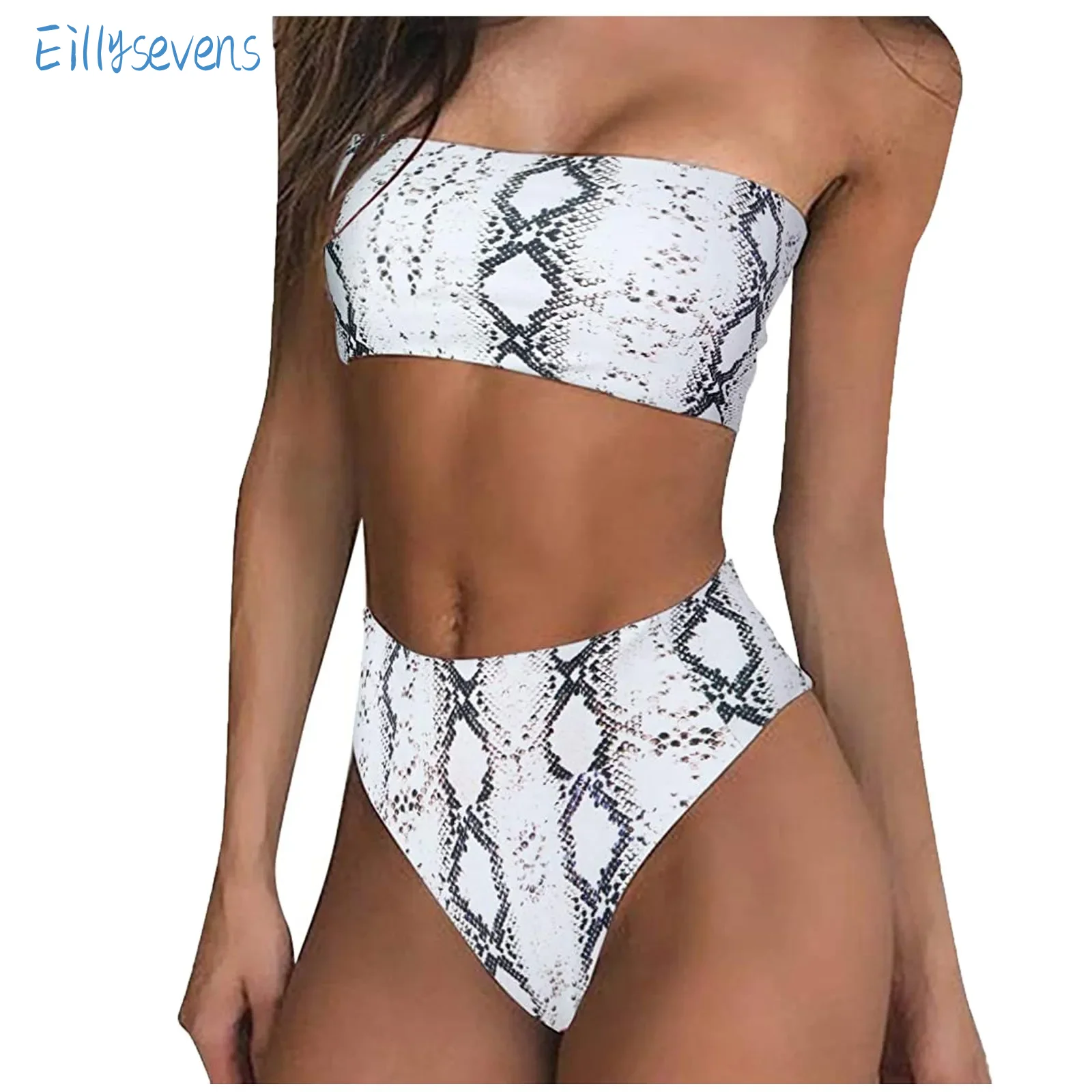 Women'S Bandeau Swimsuit Set Fashion Flower Printing Solid Padded Push Up 2 Piece Bikini Casual High Waist Briefs Swimsuits