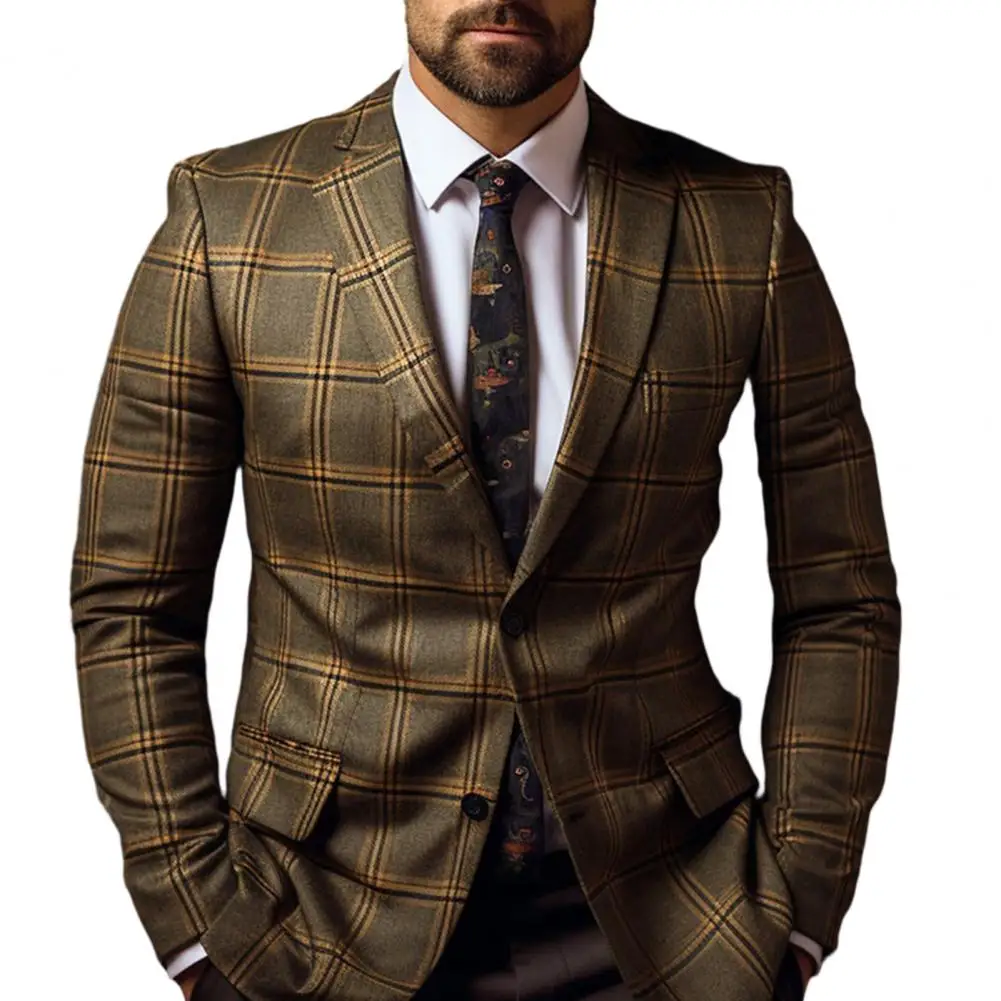 Long-sleeve Business Jacket Plaid Print Men's Slim Fit Suit Coat Formal Business Style Single Button Closure Mid Length for Work