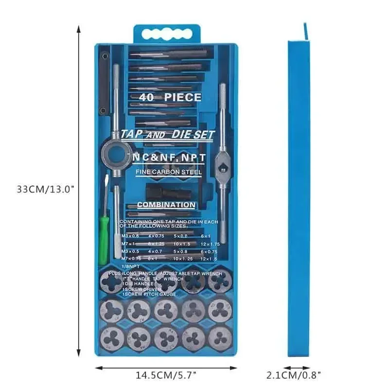 40pcs Tap Die Set M3-M12 Screw Thread Metric Die Wrench DIY Kit Wrench Screw Hand Threading Tools Alloy Metal Tungsten Carbide