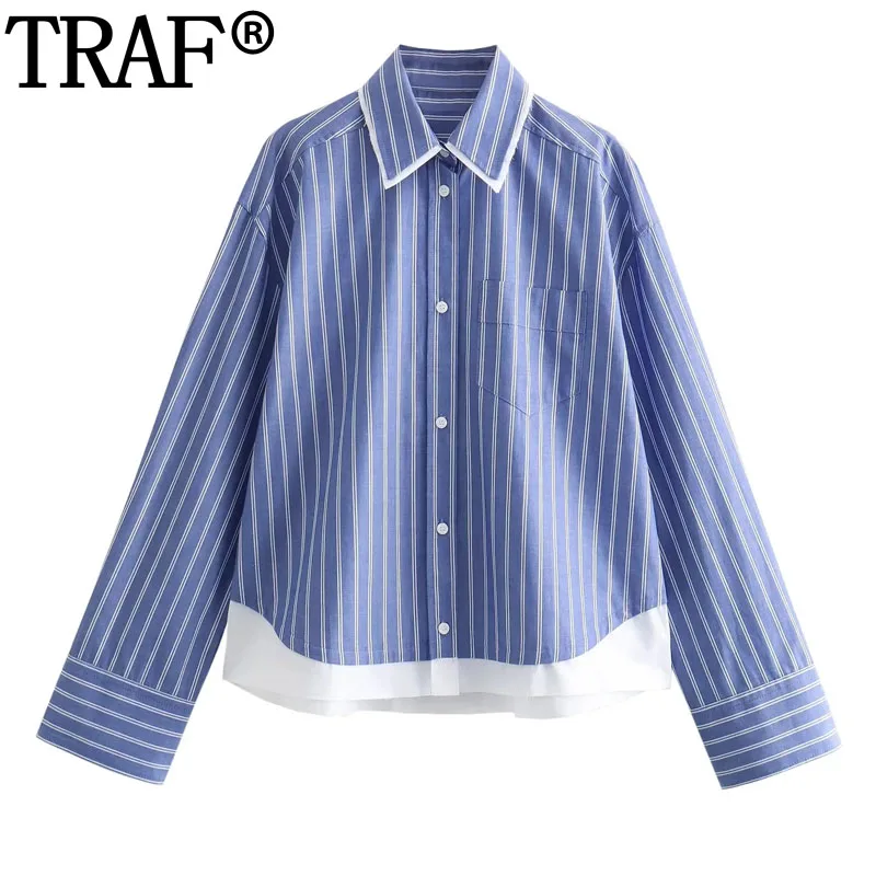 

TRAF 2024 Blue Striped Shirt Women Spring Collared Long Sleeve Shirt Woman Contrast Button Up Women's Shirt Loose Casual Shirt