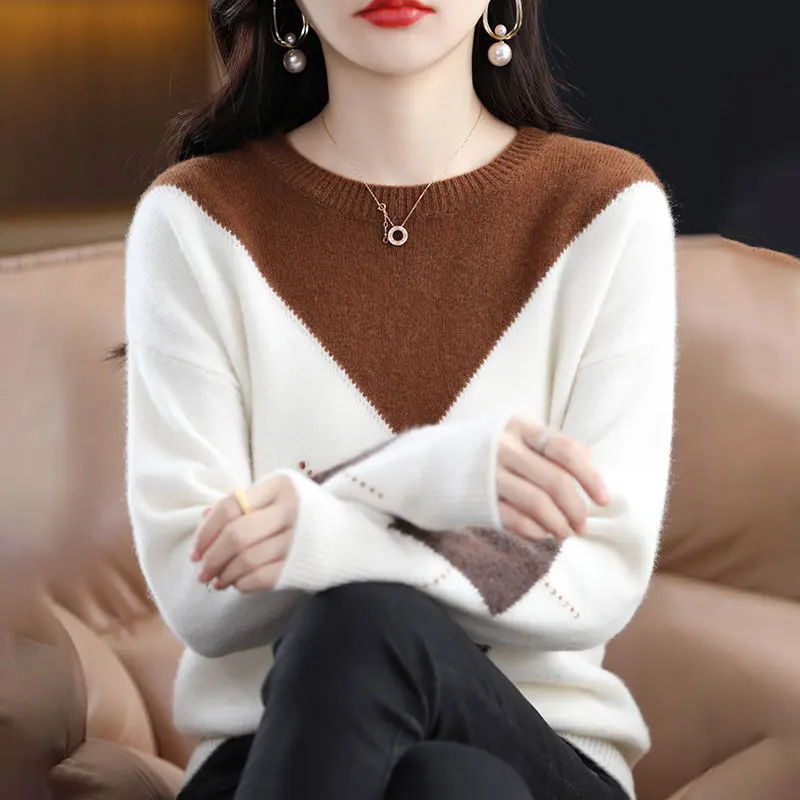 Autumn Winter Women Knitwear Sweater Fashion New Round Neck 100% Wool Pullover  Warm Loose Diamond Pattern Color Matching Tops