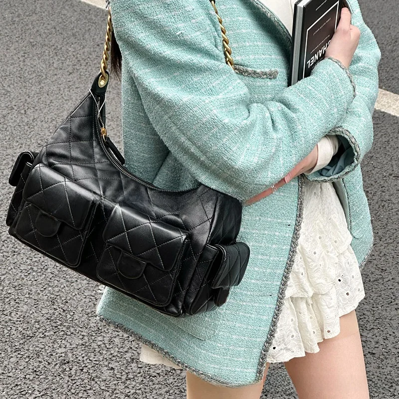 Original Leather Hippie 25C Hobo Bag Multi-Pocket Diamond Chain Underarm Bag Retro Women's Bag Street Trend Lambskin Zipper