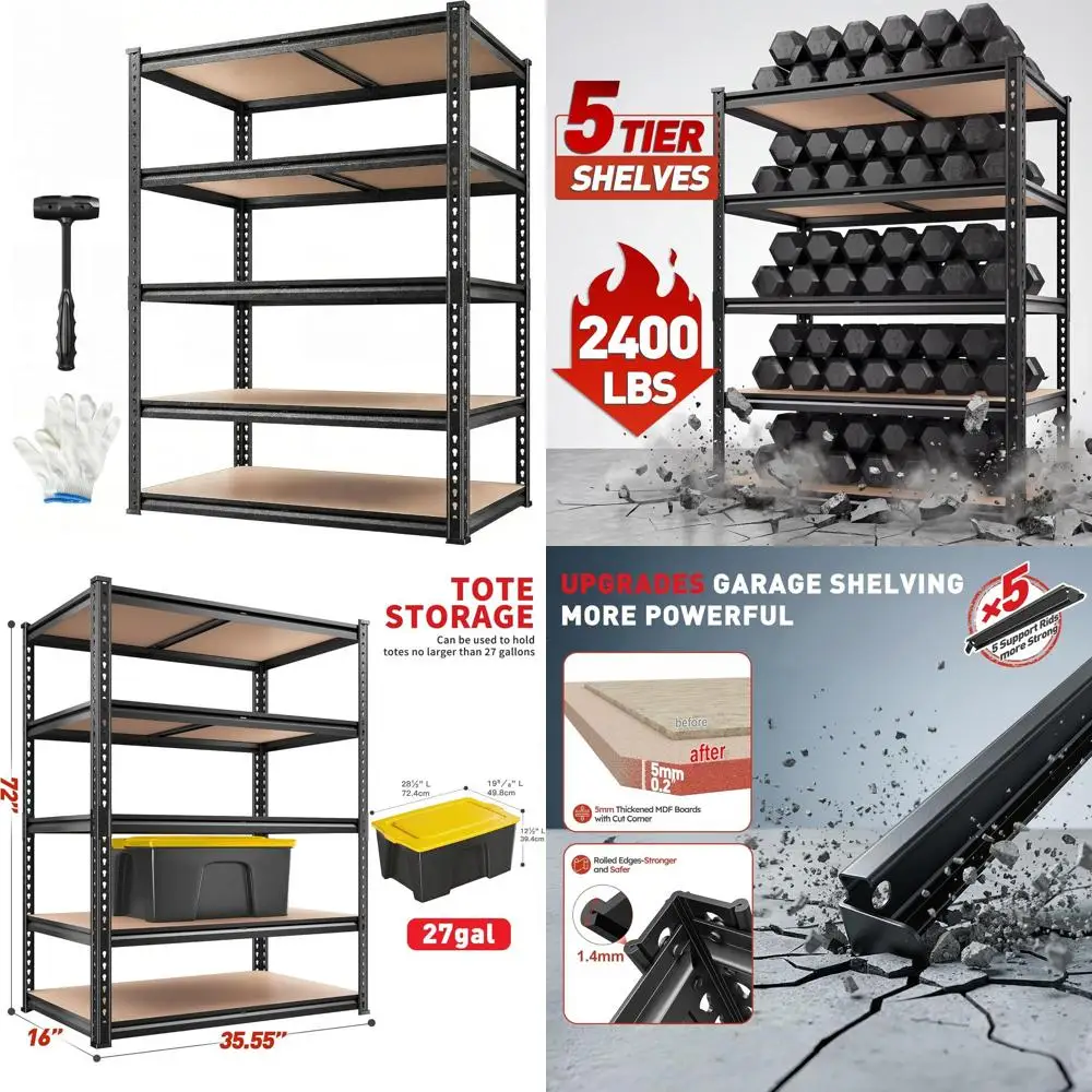 

5-Tier Heavy-Duty Adjustable Metal Storage Shelves, 2400 lbs Capacity, 72H x 35.55W x 16D, Ideal for Garage, Basement, Pantry, K