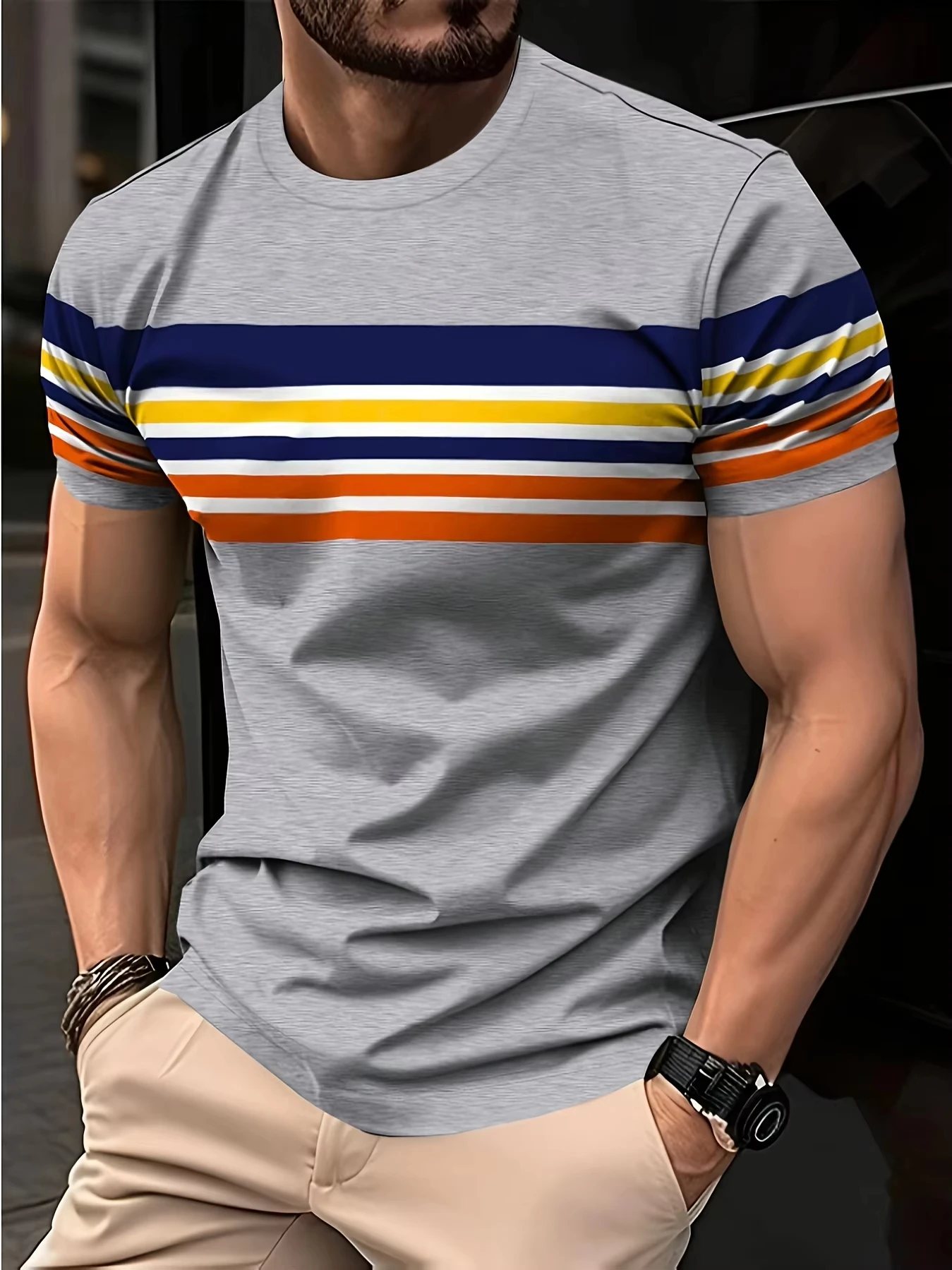 

2025 Men's Summer Fashion Casual Loose Large Size Stripe Graphic Print Slim Fit Sports Round Neck Short Sleeve T-shirt Moto Tees
