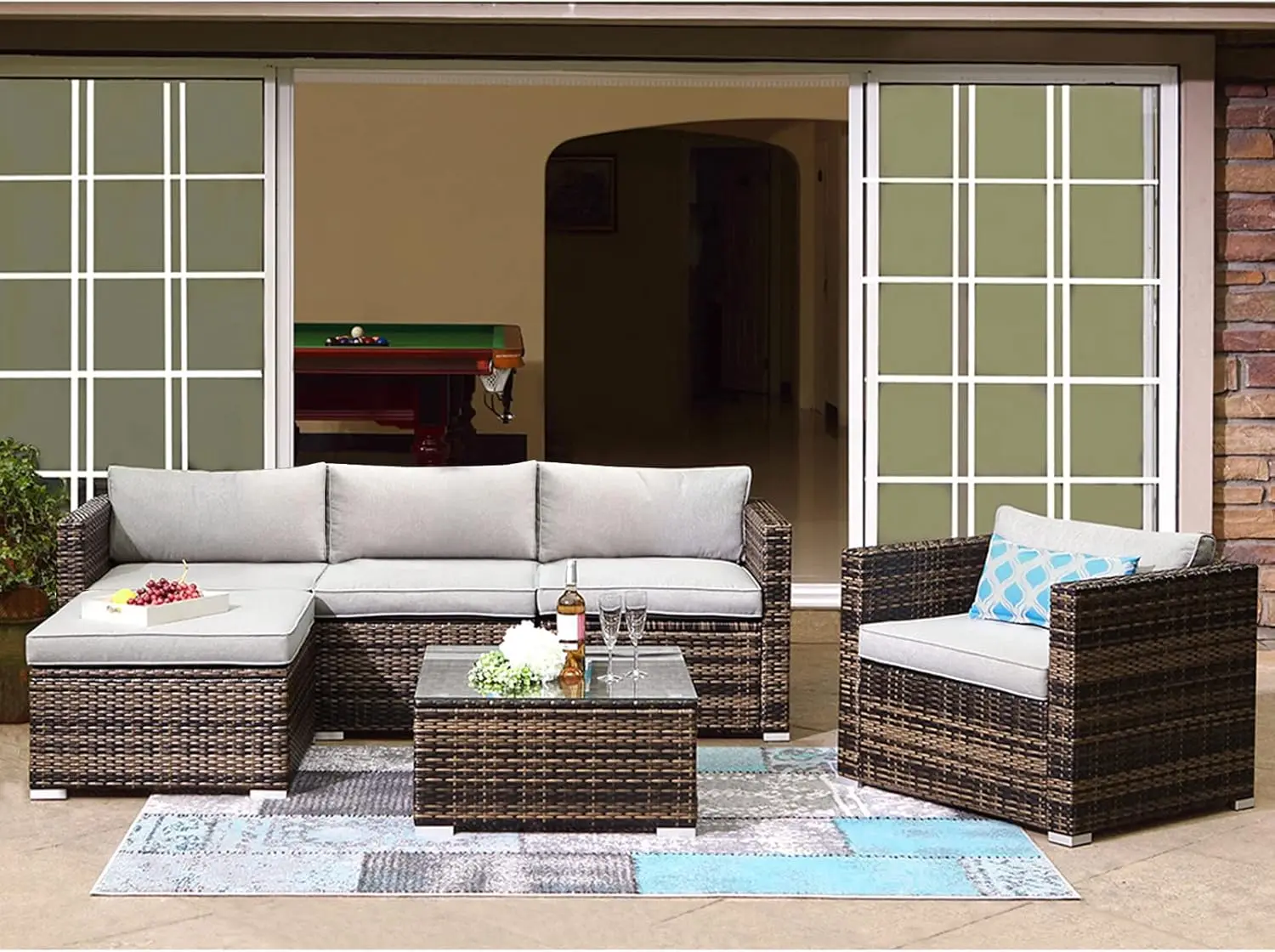 6-Piece Outdoor Furniture All-Weather Mottlewood Brown Wicker Sectional Sofa w Warm Gray Thick Cushions, Glass-Top Coffee Table