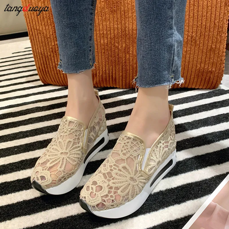 Lace Women Shoes 2024 Spring Summer Wedges Shoes for Women Black White Breathable Lace Flower Sneakers Women Loafers White