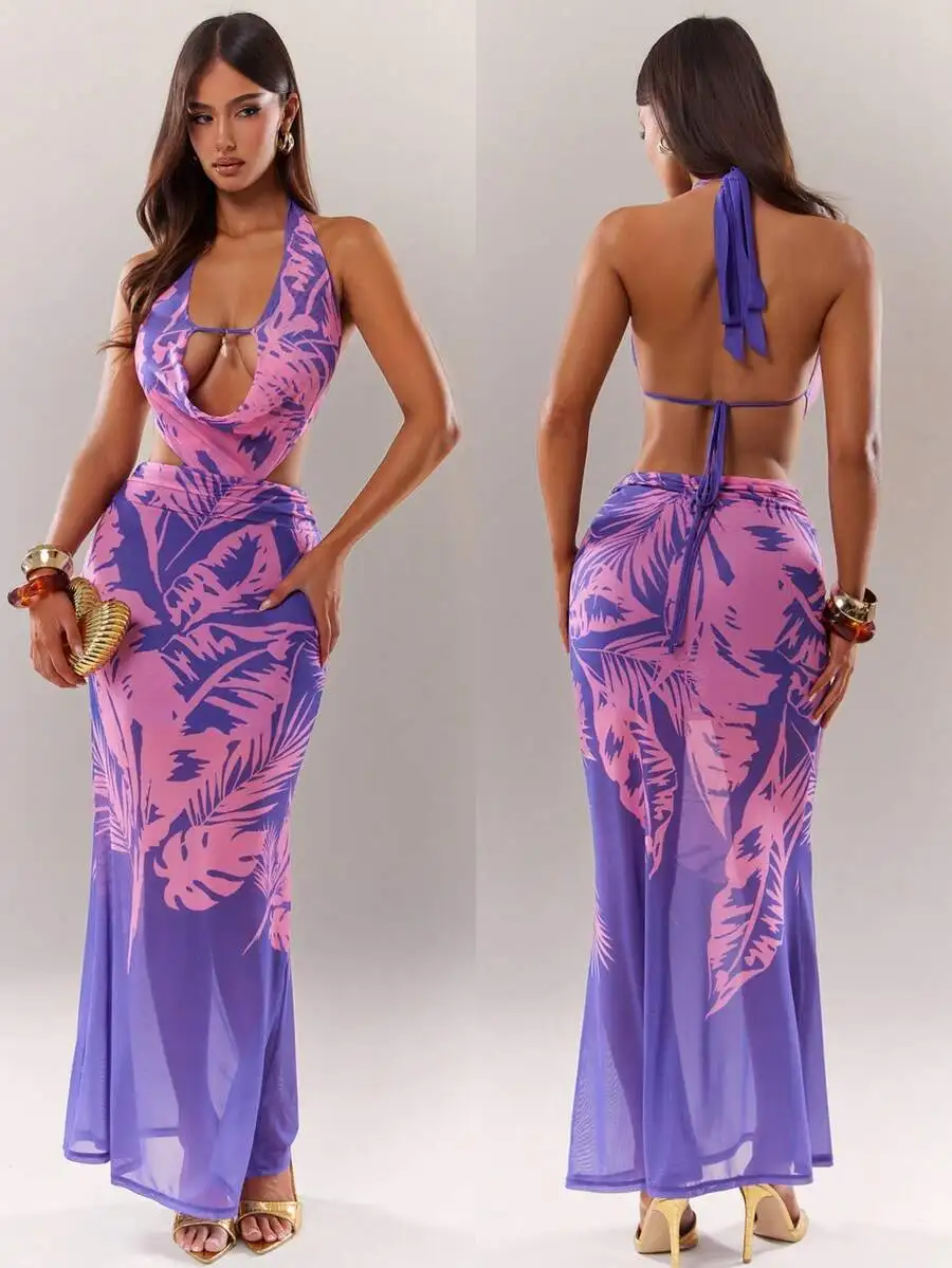 Purple Tropical Print Halter Neck Backless Mermaid Maxi Dress Sheer Mesh Flowing Vacation Beach Dress