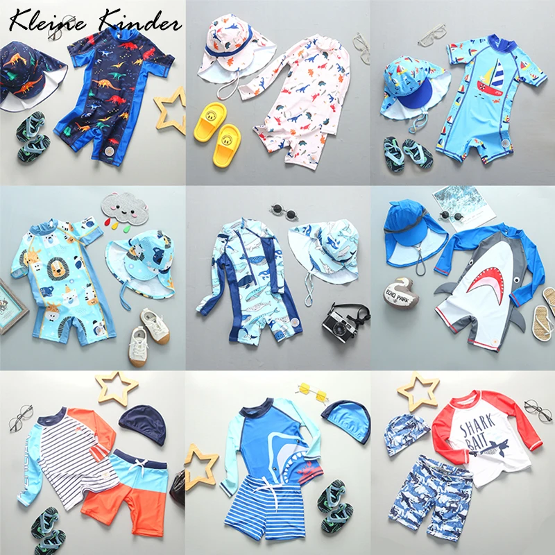 Boys Swimwear UPF50 Children's Swimsuit Boy Dinosaur Shark Print Swimming Pool Beach UV Clothes Long Sleeve Bathing Suit Kids