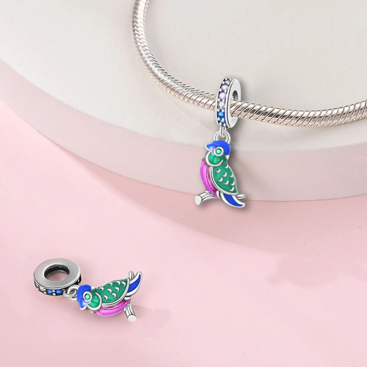 Street fashion 925 Sterling Silver Cute And Colorful Green Parrot Women's Pendant Fit DIY Bracelet Necklace Fashion Gift