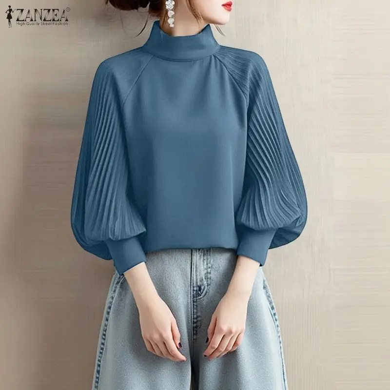 ZANZEA 2026 Jesienna Elegancka Koszula do Pracy z Stójką Damska Stylowa Bluzka z Długim Rękawem Wiosenna Koszula Jednolita Plisowana Tunika Bluzki Damskie