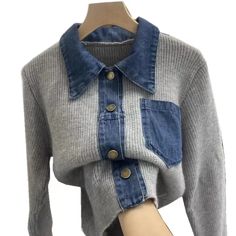 

2025 Autumn Winter New Loose Fashion Long Sleeved Sweater Design Sense Polo Collar Denim Patchwork Knitted Women Cardigan Tops