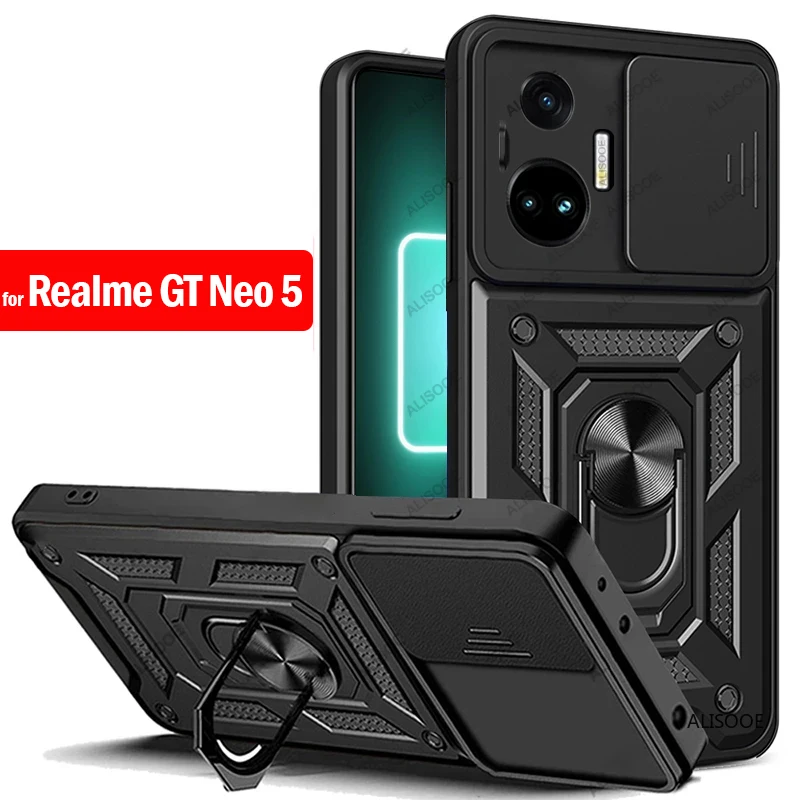 Capa For Realme GT Neo 5 Case Slide Camera Lens Protection Ring Stand Back Cover for Xiaomi Realme GT Neo 5 Armor Funda