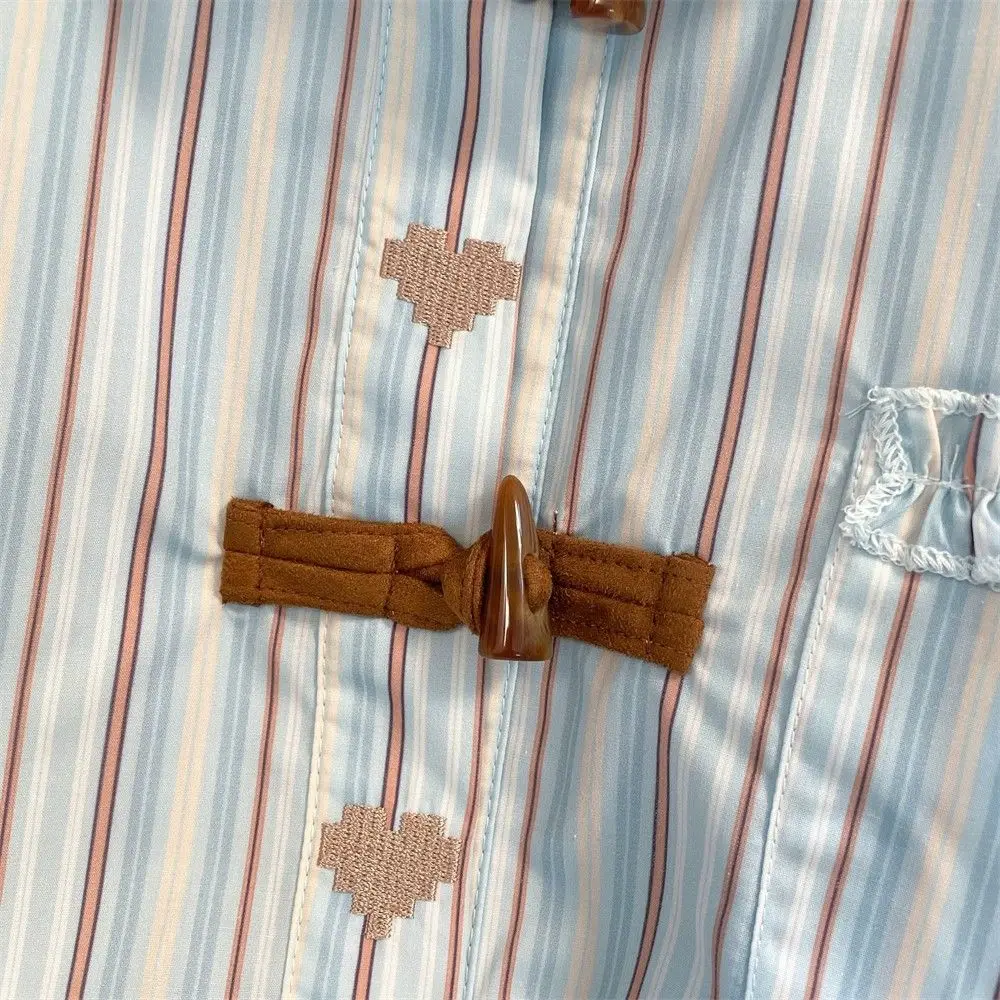 Female Peter Pan Collar Buttons Striped Shirts Autumn Trend Pocket Ruffles Turn-down Collar Long Sleeve Shirts Casual Top Tee