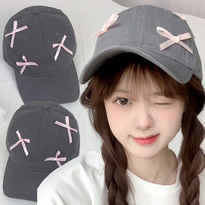 Sweet Bowknot Baseball Cap Korean Girls's Spring Summer Cotton Grey Sun Hats Lady Brim Soft Top Sport Snapback Cap Peaks Gorras