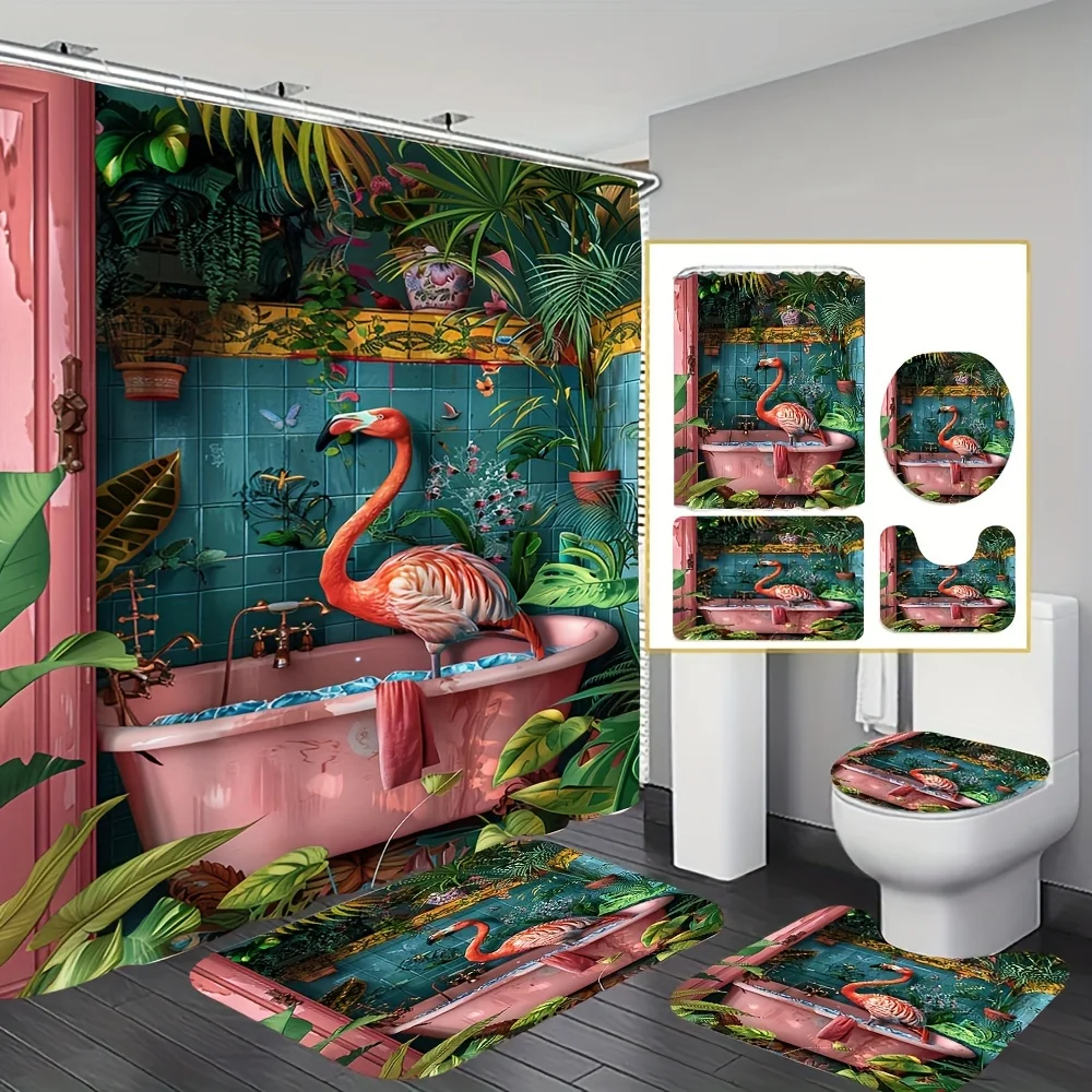 

Creative Flamingo Print Shower Curtain Set | Waterproof Curtain, Non-Slip Mat, Toilet Seat Cover, Bath Mat, Bathroom Decor