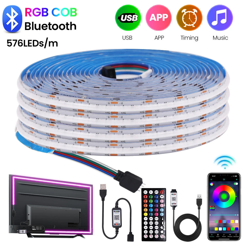 5V USB RGB COB LED Strip Light Bluetooth APP Remote Control 576LEDs/m High Density Flexible Colorful Linear Tape TV Backlight