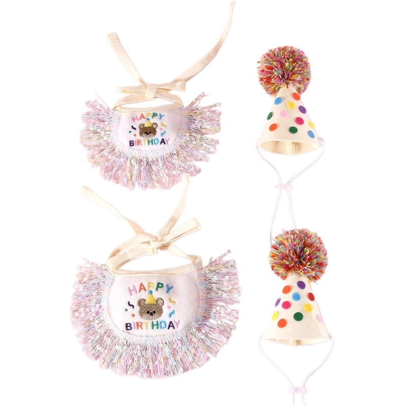 

2pcs Dogs Cats Birthday Hat with Sequins Tassels Bib Birthday Celebration Hat