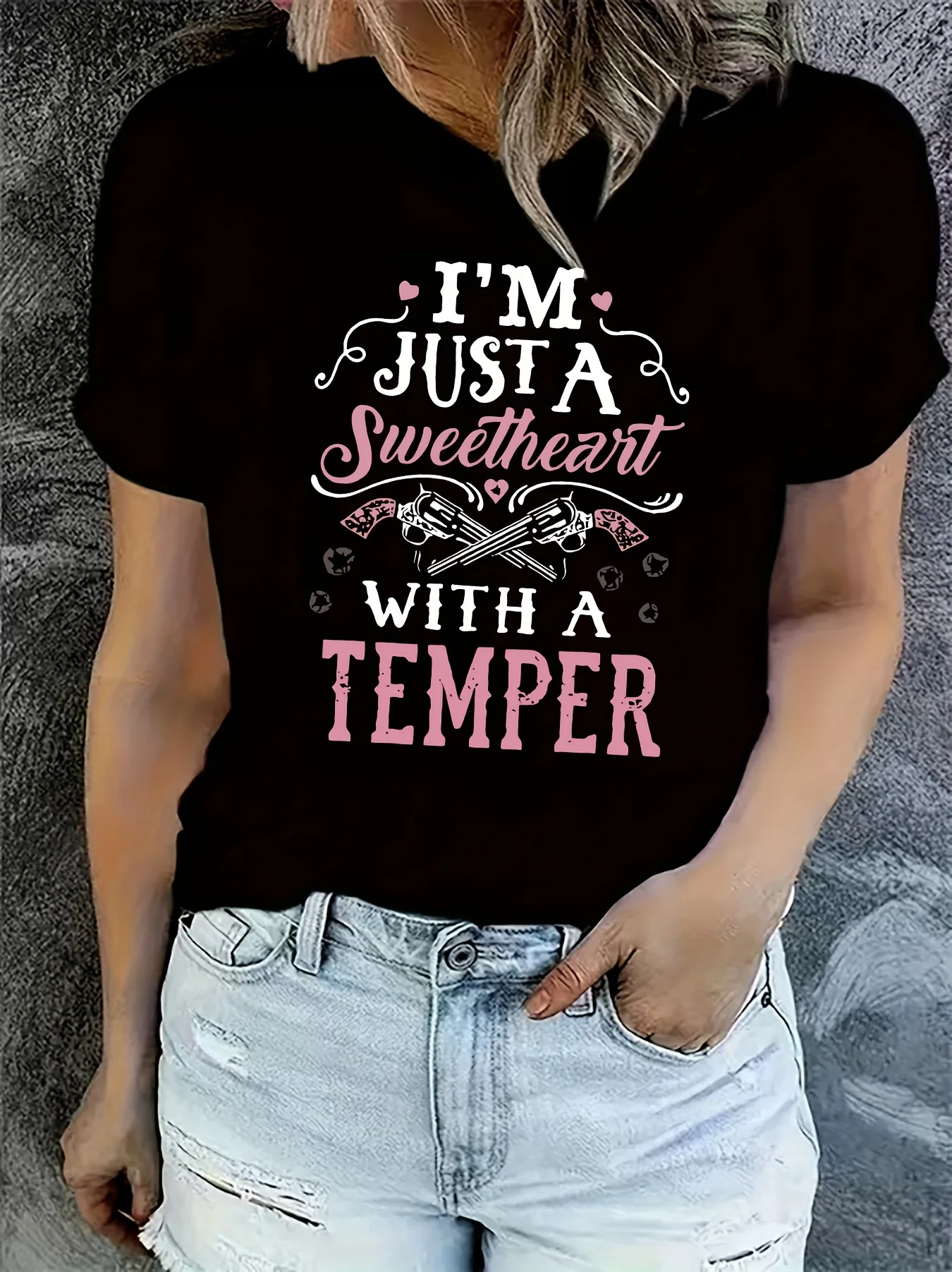 I'm Just A Sweetheart With A Temper Women's Tee - Western Graphic, Casual Dark Gray Top