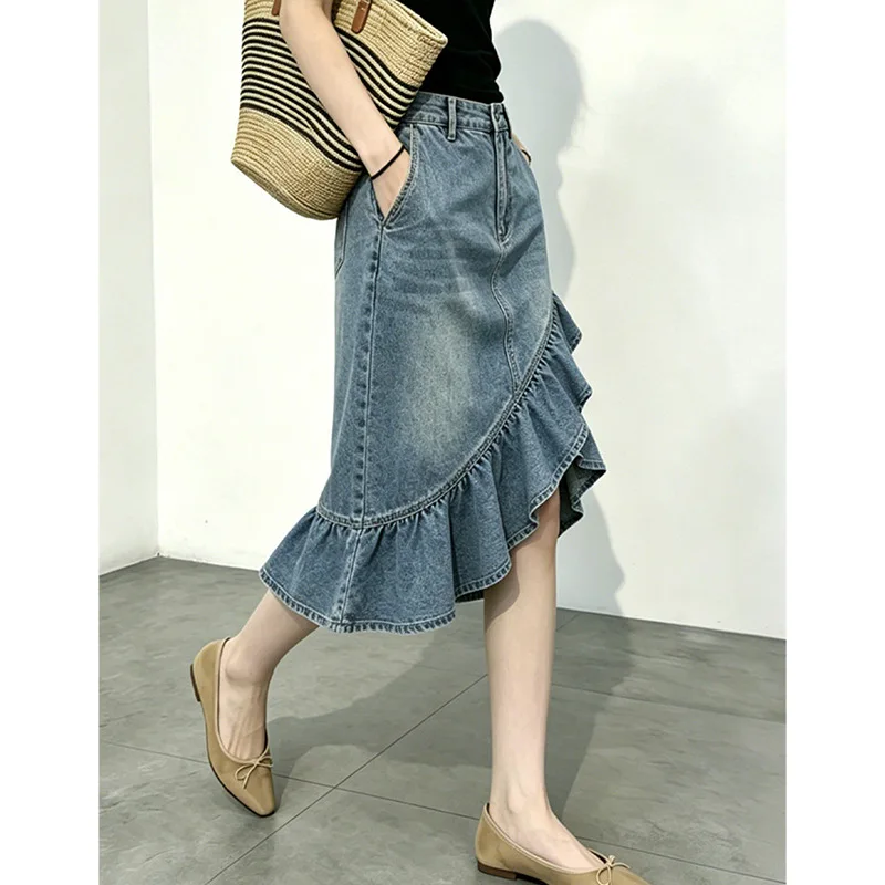 Retro Denim Skirt Women High Waist Irregular Ruffle Edge Fishtail Medium and Long Skirt