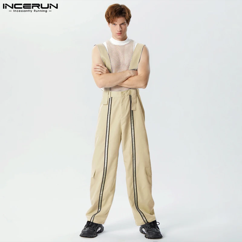 

Men's Cargo Jumpsuits Patchwork Loose Joggers Casual Straps Rompers Streetwear 2024 Pockets Fashion Overalls Pants Men INCERUN