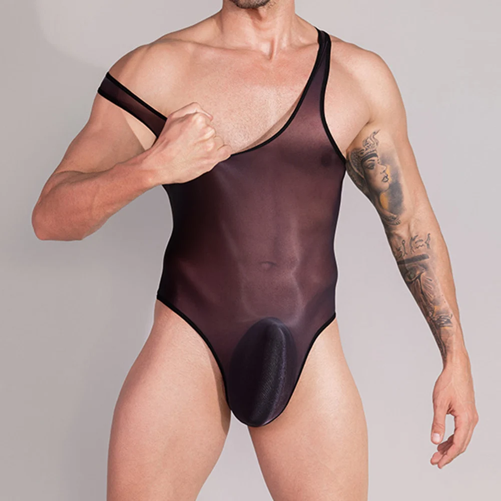 Mens Ultra Thin Jumpsuit Shiny Stretchy Bodysuit Sheer Leotard Bikini Thong See Through Swimwear High Elastic Sissy Erotic Linge