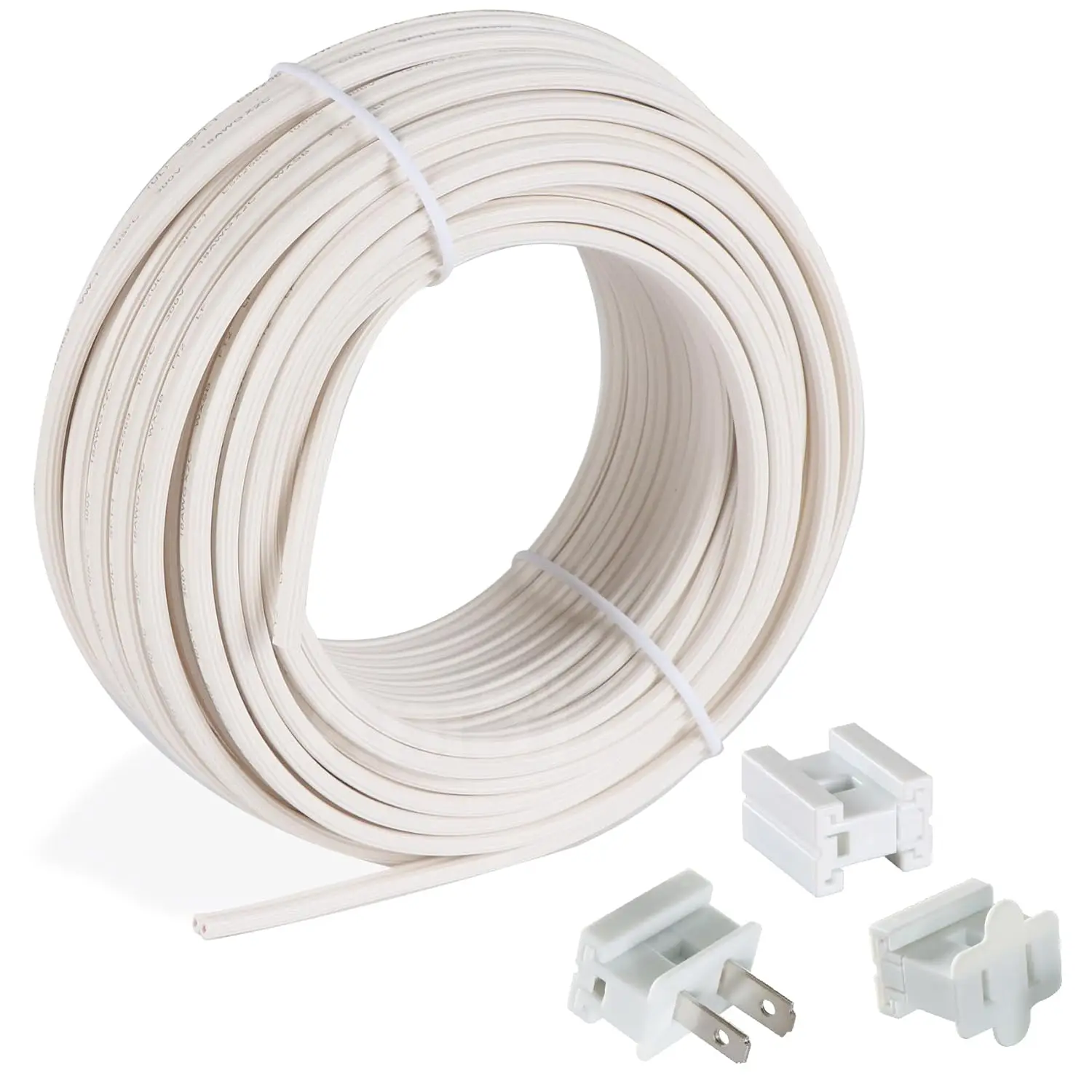 

18/2 SPT-1 Wire 50FT with Vampire Plugs - Low Voltage Landscape Wire, 18 Gauge 2 Conductor - White for Outdoor Lighting