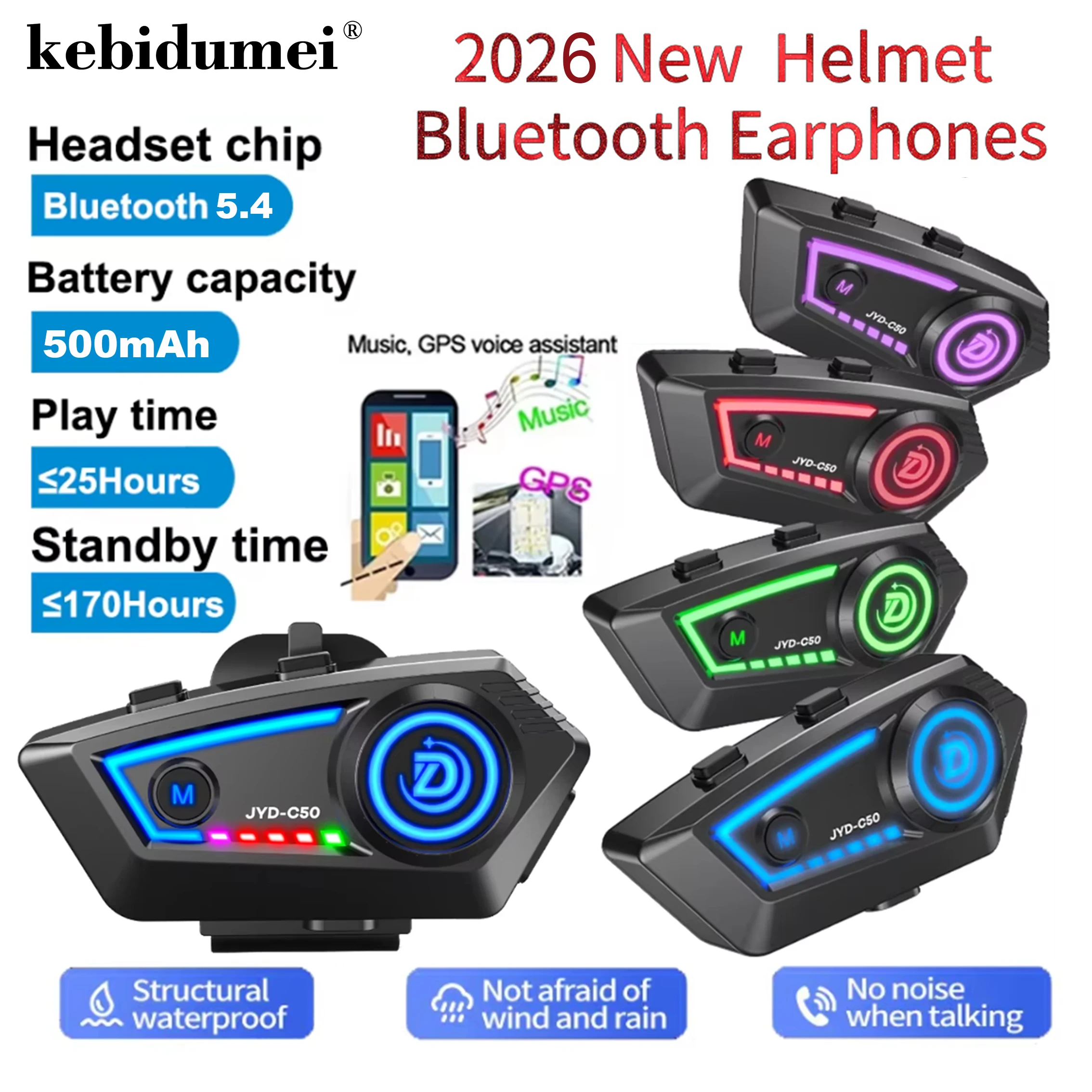 

Мотоциклетная гарнитура C50 Bluetooth 5.4 с функцией громкой связи, беспроводная, с шумоподавлением, водонепроницаемая, с RGB-подсветкой