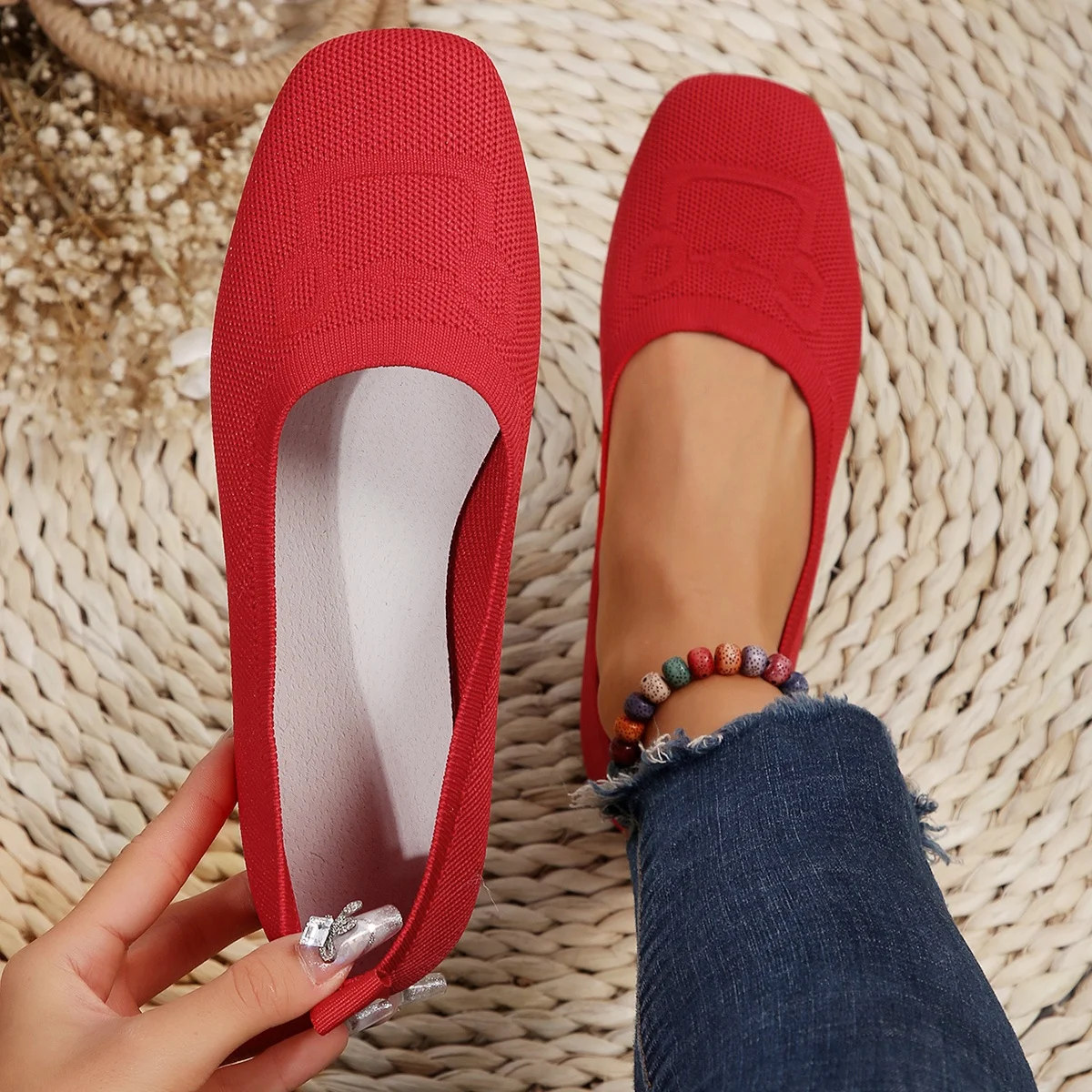 Women Flat Shoes Solid Color Knitted Slip on Shoes Casual Breathable Ballet Soft Loafers Shoes for Women Flats Zapatos De Mujer