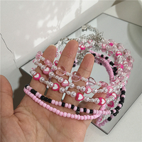 Goth Pink Acrylic Pearl Peach Heart Beaded Choker Necklace Aesthetic Harajuku Cute Egirl Party Y2K EMO Jewelry Accessory Gift