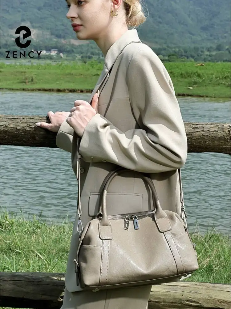 Zency 2026 Retro 100% Genuine Leather Women's Boston Bag Crossbody Handbag Luxury Shoulder Purse for Travel Commute Work