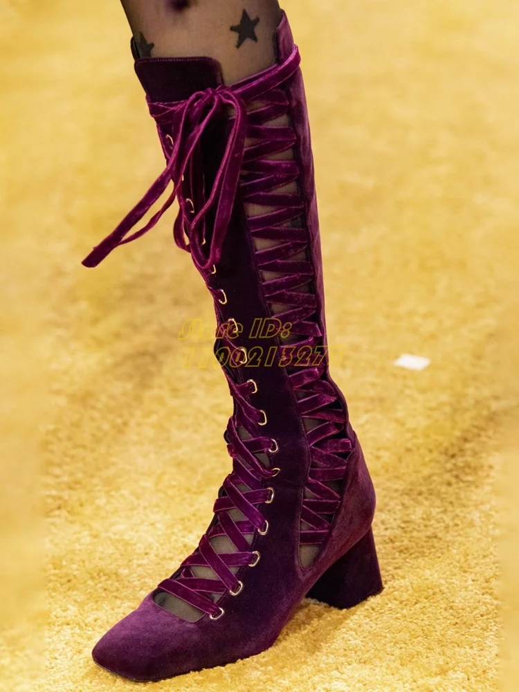 

Ботинки на высоком каблуке с полым шнуровкой и квадратным носком до колена, шелковые, для подиума, весна-осень 2022, женские модельные туфли на массивном каблуке