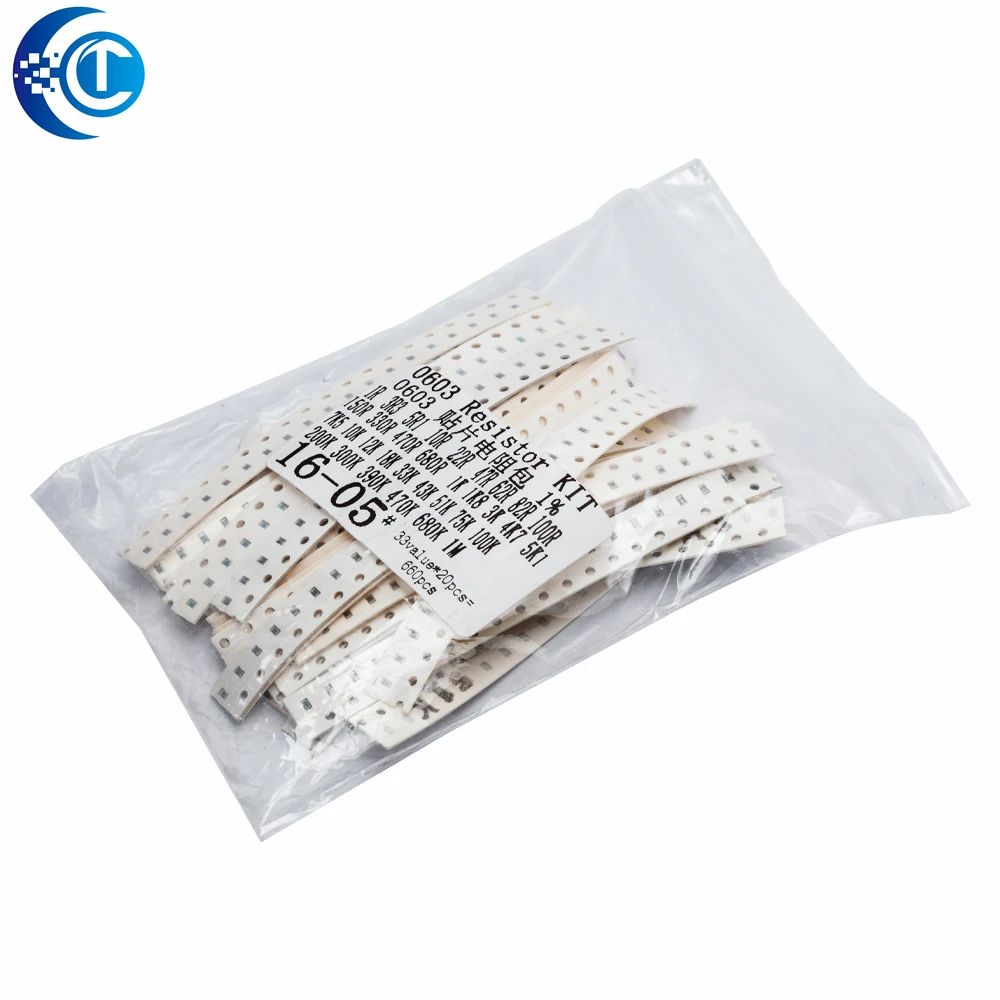 0603 0805 1206  SMD Resistor Kit Assorted Kit 1ohm-1M ohm 1% 33valuesX 20pcs=660pcs Sample Kit
