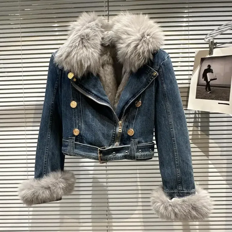 2022 Winter Fox Fur Collar Rabbit Fur Liner Double Breasted Metal Buttons Belt Light Blue Warm Denim Jacket Women