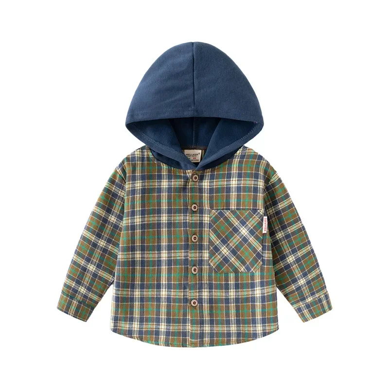 

Boys Classic Plaid Cotton Shirt New 2025 Spring Autumn Vintage Kids Long Sleeve Hooded Shirts Tops Child Casual Clothing