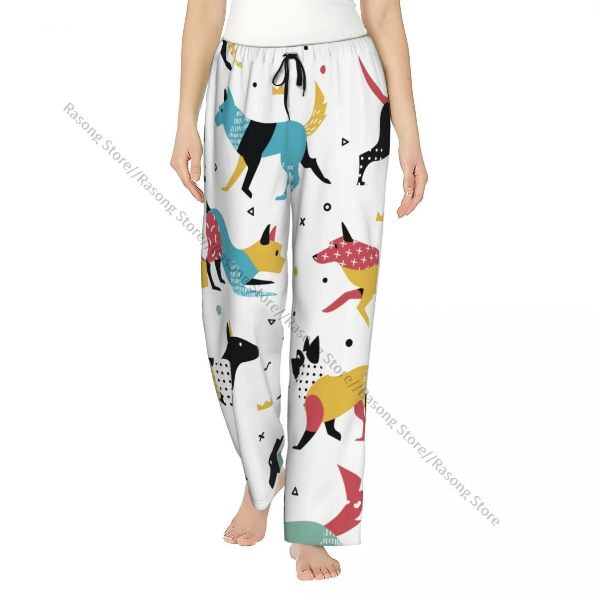 

Cozy Flannel Pajama Pants for Women Memphis Dogs And 80s Geometric Shapes Sleep Bottoms Home Loungewear