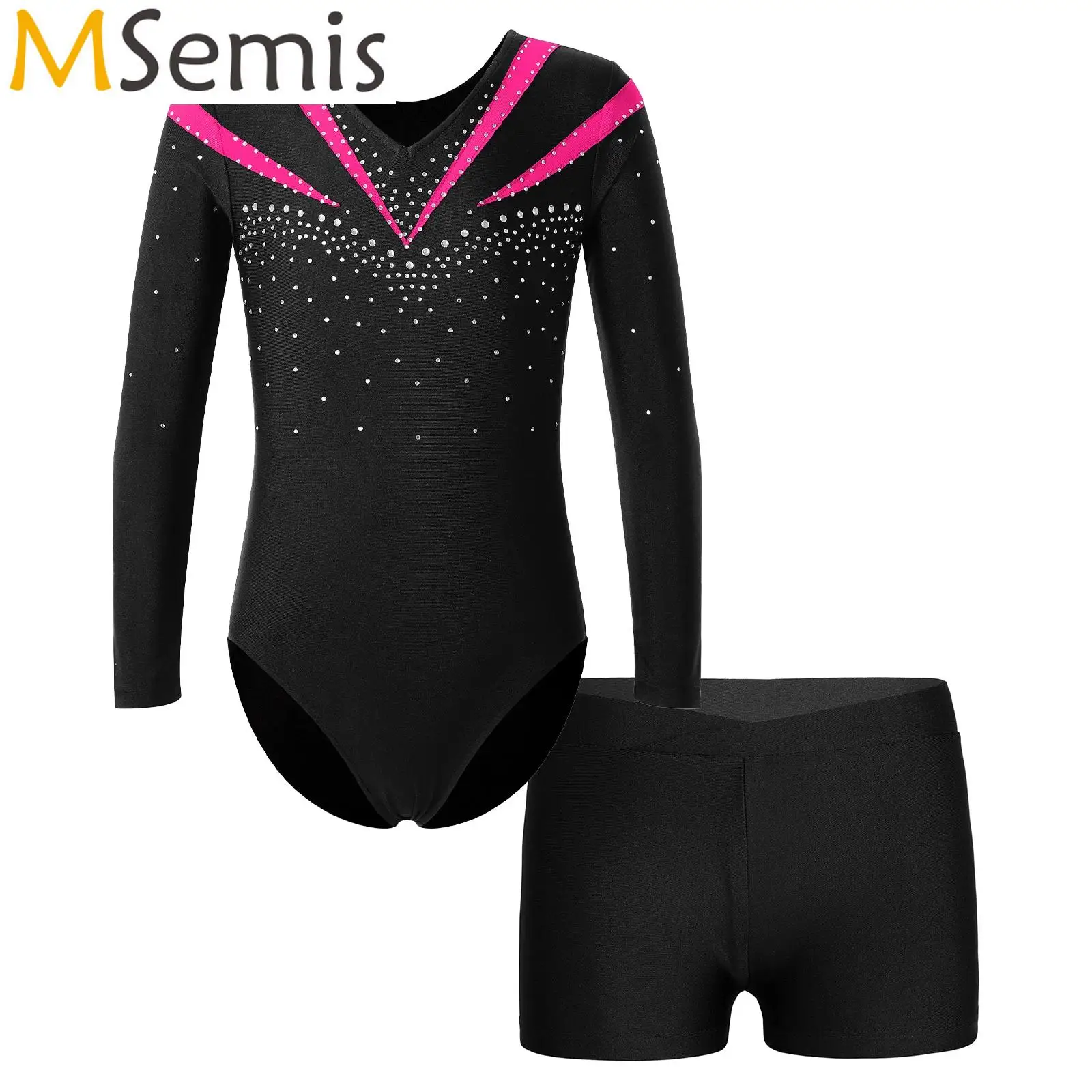 

Kids Girls Long Sleeve Ballet Unitard Dance Costume Shiny Rhinestone Leotard with V-front Shorts Sports Gymnastic Dancewear