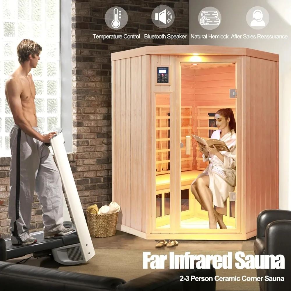 Ceramic Infrared Sauna 2-3 Person Infrared Saunas for Home Low EMF Indoor Home Sauna Spa Hemlock Wooden Corner Sauna Room