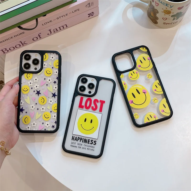 Happy Face Icon Black Armor Phone Case For iPhone 15 13Mini 14Pro 11 12 Xs Max XR 7/8 Plus SE2 Impact Cover Full Body Protection