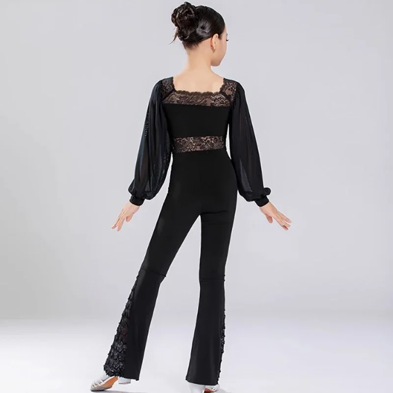 

Children Girls Latin Dance Practice Outfit Costumes Crystal Cotton Lace Bodysuit and Wide Leg Pants Class Uniform Performance