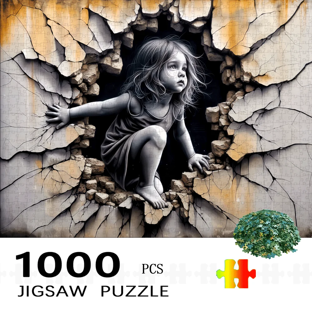 

1000pcs Large Puzzle - Street Art & Girl Breaking Through Wall Mural, Challenging 3D Illusion Optical Illusion Brain Teaser, A