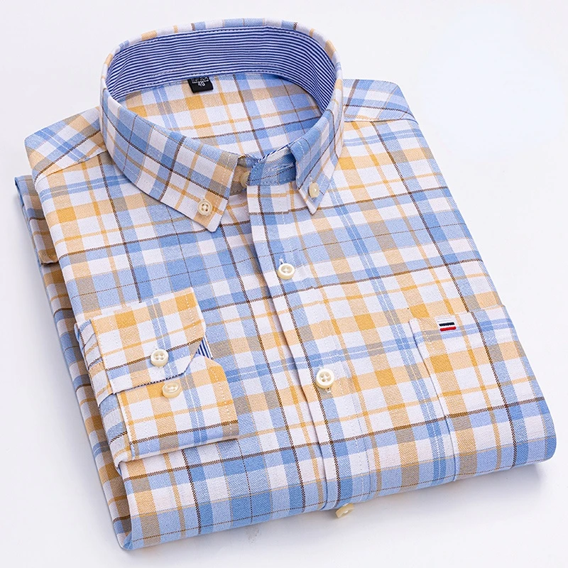 100% Cotton Oxford White Casual Shirts for Men Long Sleeve Buttons Plaid Shirt Striped Pocket Men Shirts Plus Size 7XL Camisas