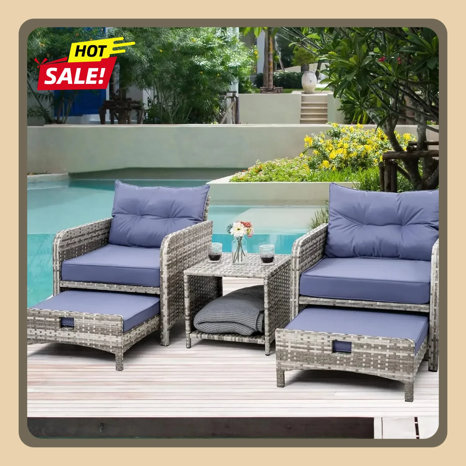 

5 Pieces Wicker Patio Furniture Set Outdoor with table Poorside Garden Ottomans Conversation (Purple Cushion + Grey Ratten)