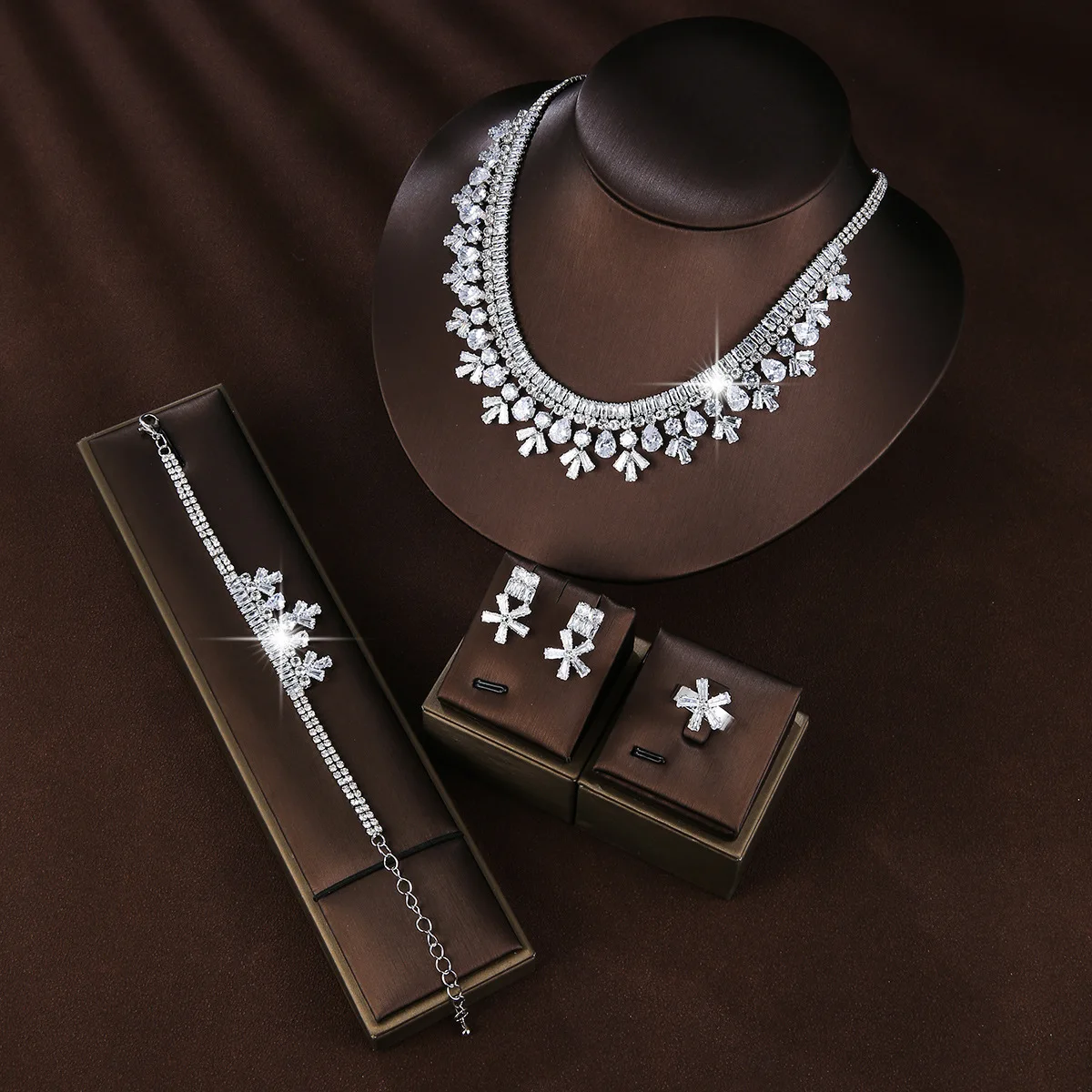 4pcs/set  Luxury Bridal Wedding Necklace Earrings ring bracelet  Zircon  Jewelry Set for Women Bride Party  Accessories