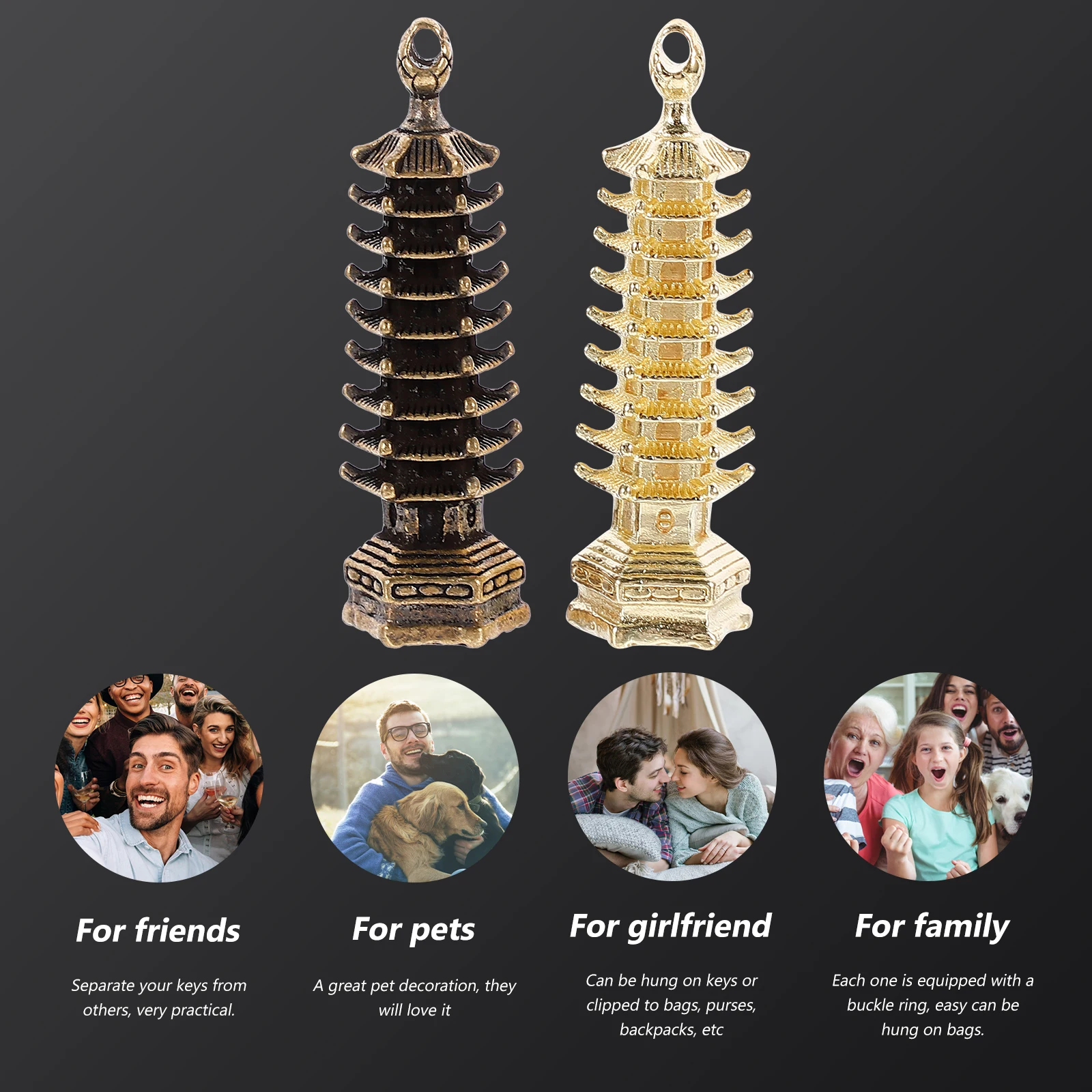 2Pcs Copper Tower Keychain Pendant Retro Charm Miniature Ornament for DIY Jewelry Craft Decoration Gift