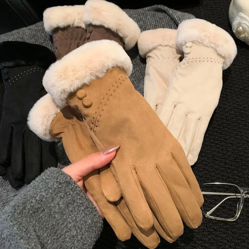 Faux Fur Trim Suede Winter Touch Screen Gloves Cold Weather One Size Windproof Thick Gloves Retro Fleece Lined Gloves Girls