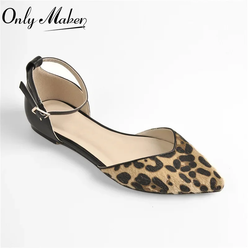 Onlymaker Leopard Pointed Toe Flats Ankle Strap Covered Heel Dress Ballet Shoes Fashion Comfortable Spring Autumn Summer Flats