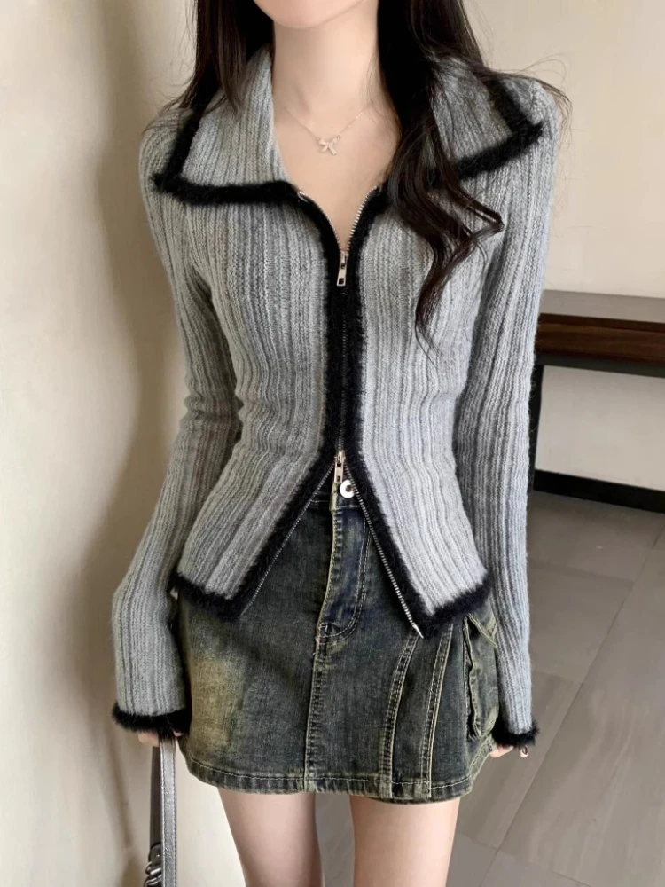 

Deeptown Gothic Zip Cardigan Knitted Y2k Vintage Retro Korean Style Knit Zipper Long Sleeve Sweater 2024 Spring Long Sleeve Top